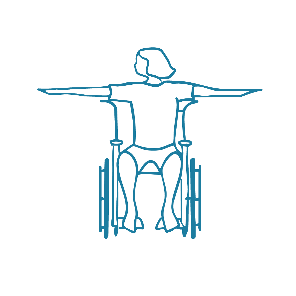 a teal sketch of a person using a wheelchair while doing seated pilates exercises