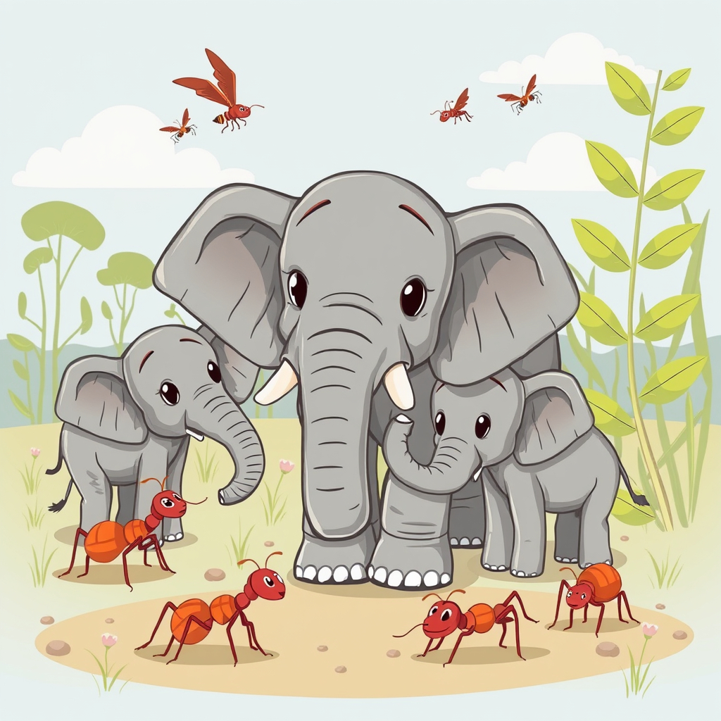 A cartoon image of 3 elephants, 2 are babies. Some red ants are in front of them. They look like they are talking to each other.